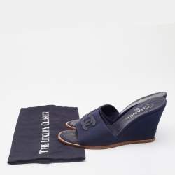 Pre Owned Chanel Navy Blue Canvas CC Slide Wedge Sandals Size 38.5