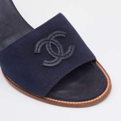 Pre Owned Chanel Navy Blue Canvas CC Slide Wedge Sandals Size 38.5