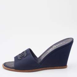 Chanel Navy Blue Canvas CC Slide Wedge Sandals Size 38.5