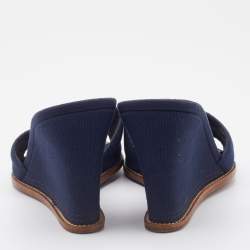 Pre Owned Chanel Navy Blue Canvas CC Slide Wedge Sandals Size 38.5