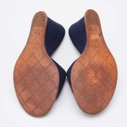Pre Owned Chanel Navy Blue Canvas CC Slide Wedge Sandals Size 38.5