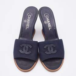 Pre Owned Chanel Navy Blue Canvas CC Slide Wedge Sandals Size 38.5