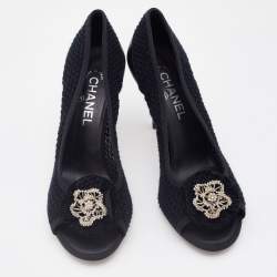 Pre Owned Chanel Black Knit Fabric CC Camellia Crystal Embellished Open Toe Pumps Size 40