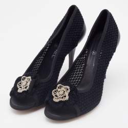 Pre Owned Chanel Black Knit Fabric CC Camellia Crystal Embellished Open Toe Pumps Size 40