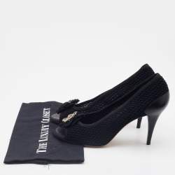 Pre Owned Chanel Black Knit Fabric CC Camellia Crystal Embellished Open Toe Pumps Size 40