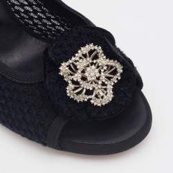 Pre Owned Chanel Black Knit Fabric CC Camellia Crystal Embellished Open Toe Pumps Size 40