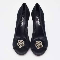 Pre Owned Chanel Black Knit Fabric CC Camellia Crystal Embellished Open Toe Pumps Size 40
