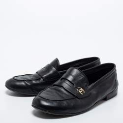 Pre Owned Chanel Black Leather CC Penny Loafers Size 39.5
