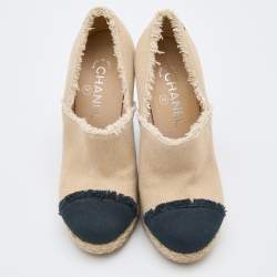 Chanel Beige/Black Canvas Cap Toe Platform Espadrille Booties Size 37
