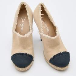 Chanel Beige/Black Canvas Cap Toe Platform Espadrille Booties Size 37