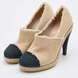 Chanel Beige/Black Canvas Cap Toe Platform Espadrille Booties Size 37