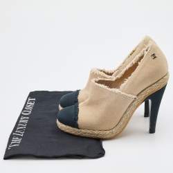 Chanel Beige/Black Canvas Cap Toe Platform Espadrille Booties Size 37