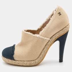 Chanel Beige/Black Canvas Cap Toe Platform Espadrille Booties Size 37