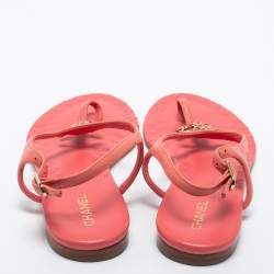Pre Owned Chanel Pink Leather CC Chain Flat Ankle Strap Sandals Size 38