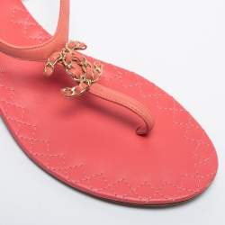 Pre Owned Chanel Pink Leather CC Chain Flat Ankle Strap Sandals Size 38