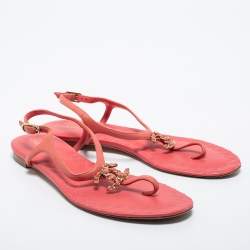 Pre Owned Chanel Pink Leather CC Chain Flat Ankle Strap Sandals Size 38