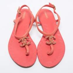 Pre Owned Chanel Pink Leather CC Chain Flat Ankle Strap Sandals Size 38