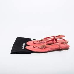 Pre Owned Chanel Pink Leather CC Chain Flat Ankle Strap Sandals Size 38