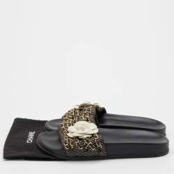 Chanel Black Fabric and Leather CC Camellia Chain Link Slide Sandals Size 37
