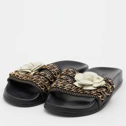 Chanel Black Fabric and Leather CC Camellia Chain Link Slide Sandals Size 37
