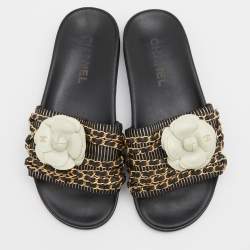 Chanel Black Fabric and Leather CC Camellia Chain Link Slide Sandals Size 37