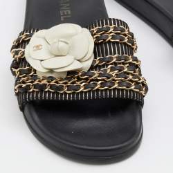 Chanel Black Fabric and Leather CC Camellia Chain Link Slide Sandals Size 37
