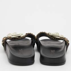 Chanel Black Fabric and Leather CC Camellia Chain Link Slide Sandals Size 37