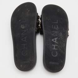 Chanel Black Fabric and Leather CC Camellia Chain Link Slide Sandals Size 37