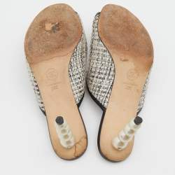 Chanel White/Black Tweed and Leather CC Pearl Heel Open Toe Mules Size 38