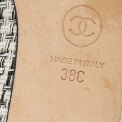 Chanel White/Black Tweed and Leather CC Pearl Heel Open Toe Mules Size 38