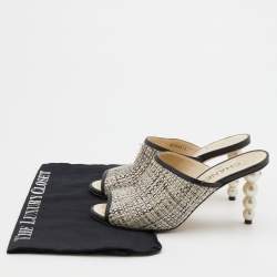 Chanel White/Black Tweed and Leather CC Pearl Heel Open Toe Mules Size 38