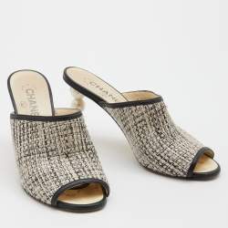 Chanel White/Black Tweed and Leather CC Pearl Heel Open Toe Mules Size 38