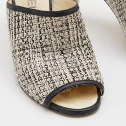 Chanel White/Black Tweed and Leather CC Pearl Heel Open Toe Mules Size 38