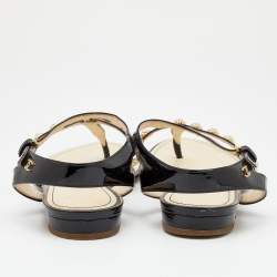 Pre Owned Chanel Black Patent Leather CC Camellia Thong Ankle Flats Size 38.5