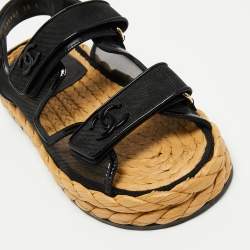 Chanel Black Mesh and Patent Espadrilles Dad Sandals Size 38