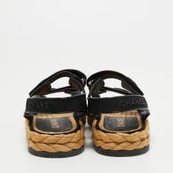 Chanel Black Mesh and Patent Espadrilles Dad Sandals Size 38