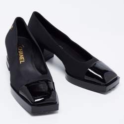 Pre Owned Chanel Black Fabric and Patent Leather Square Cap Toe CC Block Heel Pumps Size 35.5