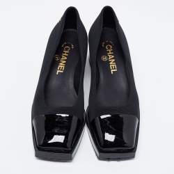 Pre Owned Chanel Black Fabric and Patent Leather Square Cap Toe CC Block Heel Pumps Size 35.5