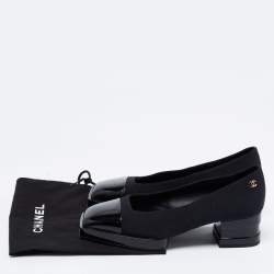 Pre Owned Chanel Black Fabric and Patent Leather Square Cap Toe CC Block Heel Pumps Size 35.5