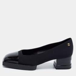 Pre Owned Chanel Black Fabric and Patent Leather Square Cap Toe CC Block Heel Pumps Size 35.5