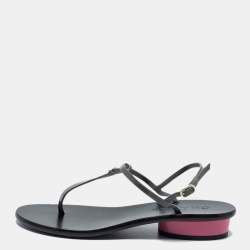 Chanel Grey Patent Leather CC Thong Ankle Strap Sandals Size 36