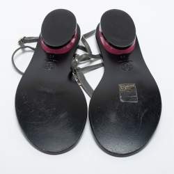 Chanel Grey Patent Leather CC Thong Ankle Strap Sandals Size 36