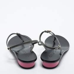 Chanel Grey Patent Leather CC Thong Ankle Strap Sandals Size 36