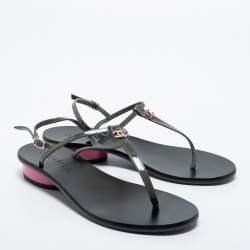 Chanel Grey Patent Leather CC Thong Ankle Strap Sandals Size 36