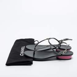 Chanel Grey Patent Leather CC Thong Ankle Strap Sandals Size 36