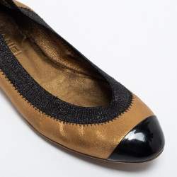 Chanel Metallic Gold/Black Leather and Patent  Ballet Scrunch Flats Size 37.5