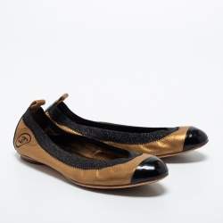 Chanel Metallic Gold/Black Leather and Patent  Ballet Scrunch Flats Size 37.5