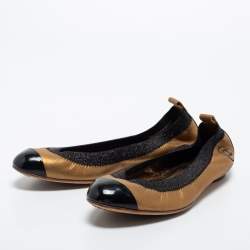 Chanel Metallic Gold/Black Leather and Patent  Ballet Scrunch Flats Size 37.5