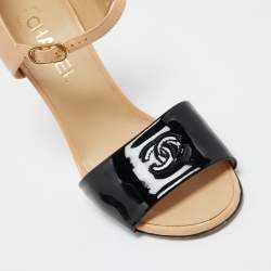 Chanel Black/Beige Patent and Leather Open Toe Ankle Strap Sandals Size 39