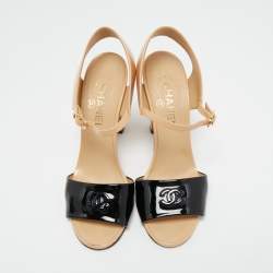 Chanel Black/Beige Patent and Leather Open Toe Ankle Strap Sandals Size 39